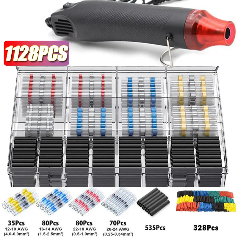 

1128PCS Waterproof Heat Shrink Butt Crimp Terminals Solder Seal Electrical Wire Cable Splice Terminal Kit with Heater EU US AU