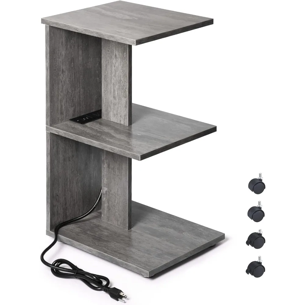 End Table with Charging Station, Narrow Side Tables for Small Spaces with USB Ports and Outlets Rolling Bedside Nightstand