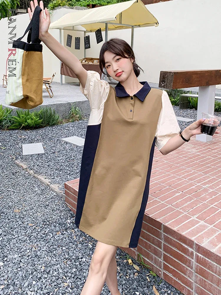 

LANMREM Temperament Dress For Women Lapel Single Breasted Puff Sleeves Contrast Color Mini Dresses 2024 Summer New 2Z1701