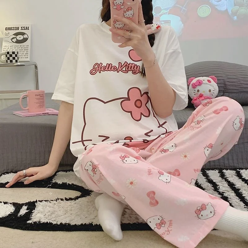 Sanurgente-Ensembles de pyjamas Hello Kitty pour femmes, vêtements de nuit  à col rond, vêtements d'intérieur trempés, Kawaii Ins - AliExpress