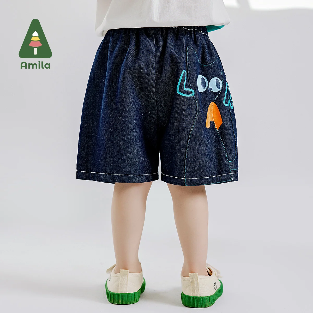 Amila Summer New Boys Bottom Soft Denim Patchwork Cartoon Cat Dark Blue Boutique Breathable Quarter Pants 0-6Y