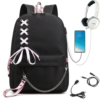 Zaino Scolastico per Studenti Universitari, Zaino da Viaggio alla Moda con Ricarica USB, Borsa per Laptop Nera, Zaini Scolastici per Adolescenti