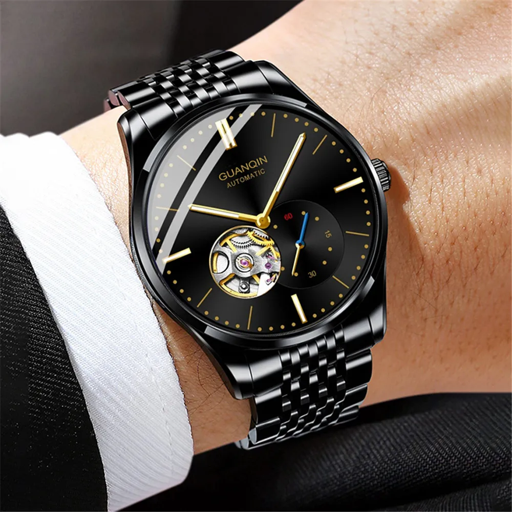 Orologio da polso da uomo GUANQIN con scheletro automatico, meccanico, a carica automatica, in acciaio inossidabile, luminoso, stile vintage, con zaffiro e impermeabile_voghion.com