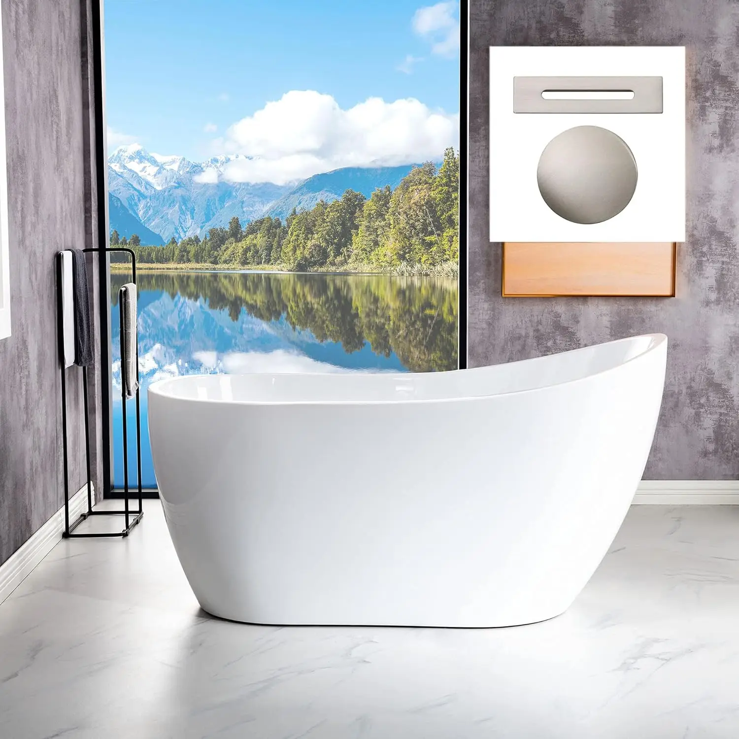 54"Freestanding White Acylic Soaking Bathtub with Brushed Nickel Drain and Overflow Premium Quality Construction