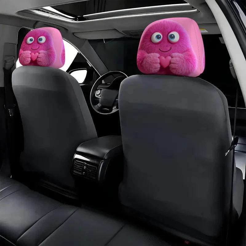 Rosa Flauschige Niedliche Kreatur mit Herz Illustrationsdruck Auto-Kopfstützenbezug, 2D Flach, Ideales Perfektes Auto-Innenausstattungszubehör – Detail 2