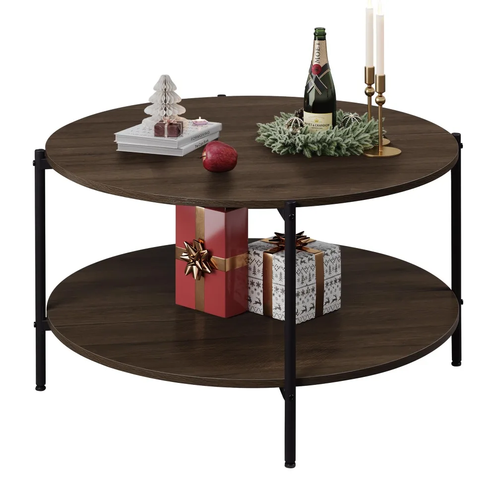 Round Coffee Table for Living Room, Small Coffee Table with Open Storage Shelf, 2-Tier Industrial Circle Wood Center Table 5