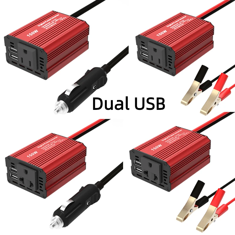 Heargrow-car Power Inverter Carregador Clips Real 150w Dual Usb Porta de Carregamento Modificado Conversor Sine Wave Auto dc 12v ac 110v 220v