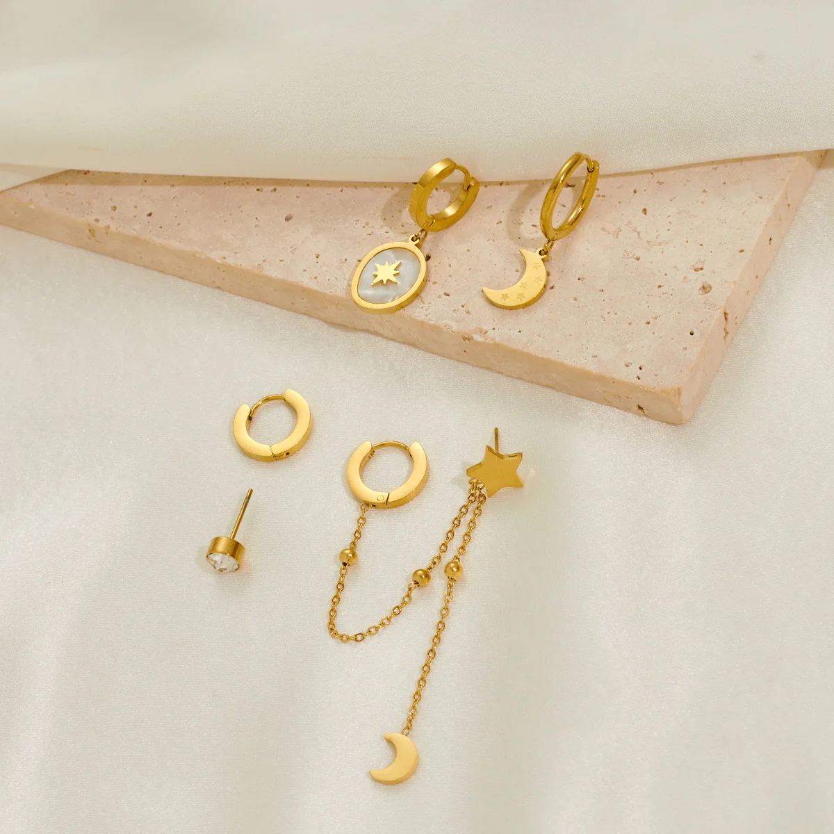 316L Stainless Steel 6 Pieces Set Star Moon Tassels Earring for Women Shiny Temperament Jewelry Gifts Wholesale 2