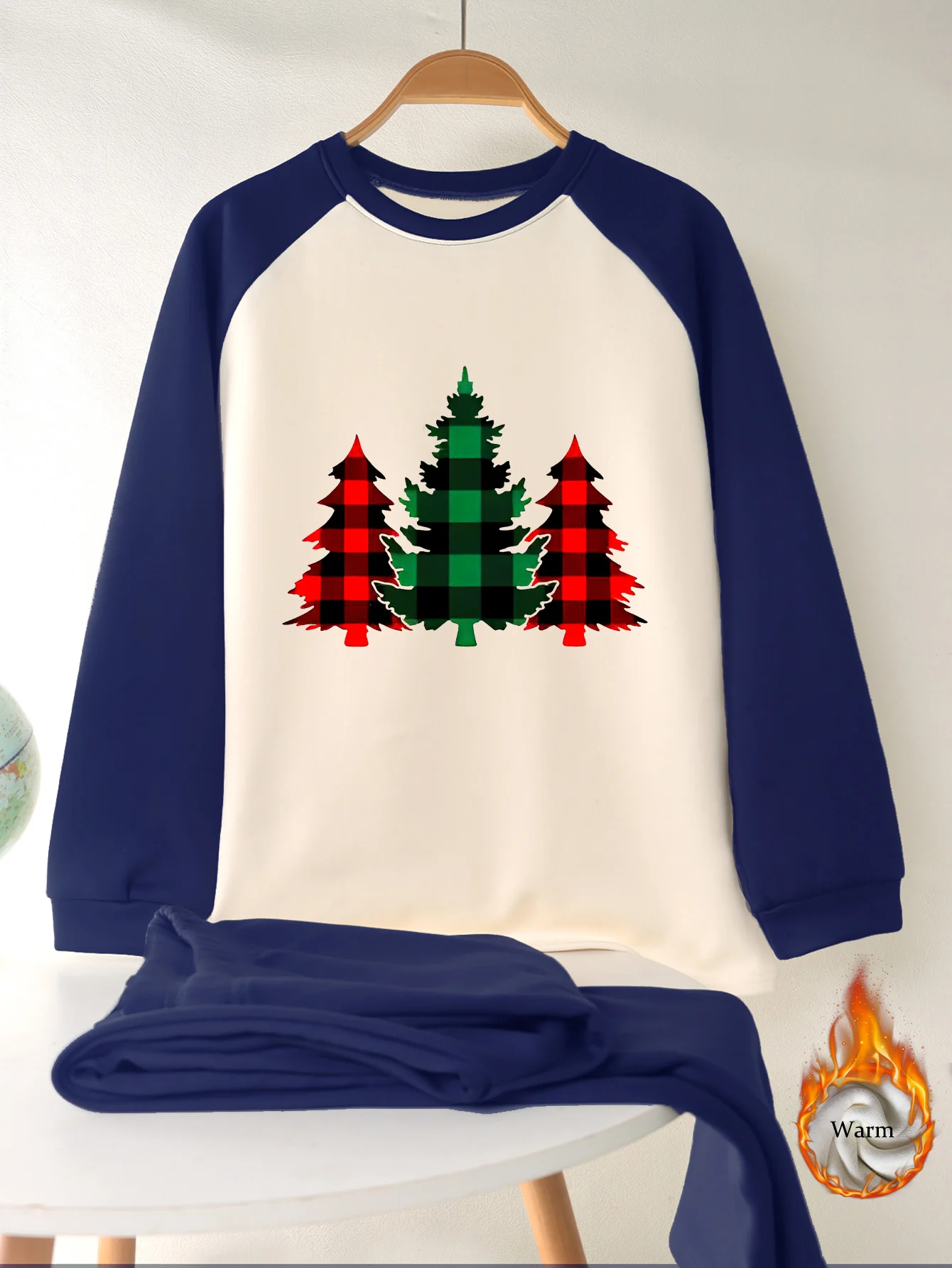 Adolescent Automne Hiver chaud sous-v&ecirc;tements set arbre de No&euml;l imprim&eacute; manches longues doux en duvet hiver Undershirt pantalo