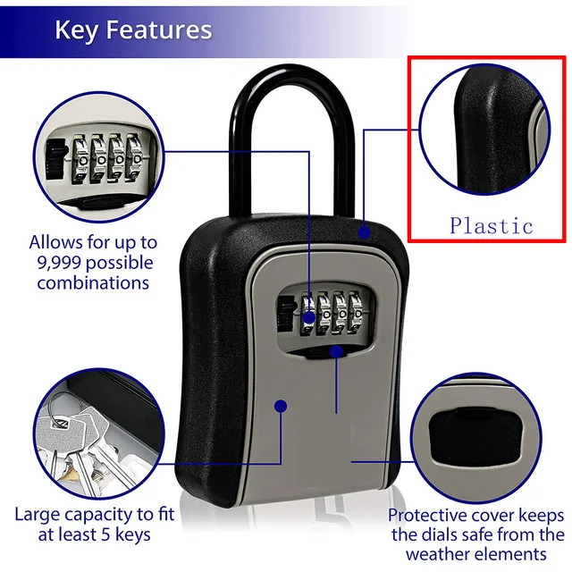 Wall Mount Key Lock Box with 4-Digit Combination, Resettable Code Outdoor Waterproof Lockbox for House Keys and Spare Keys ﻿ 4