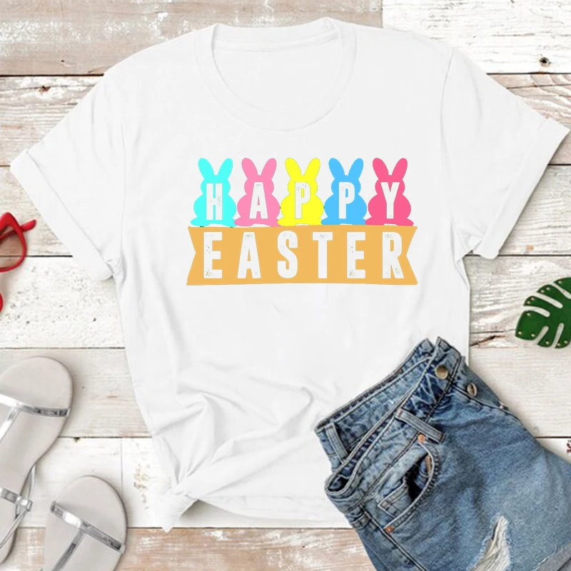 Outeck Easter Day T-Shirt Women Letter Print O Neck Short Sleeves Casual Tees 31E