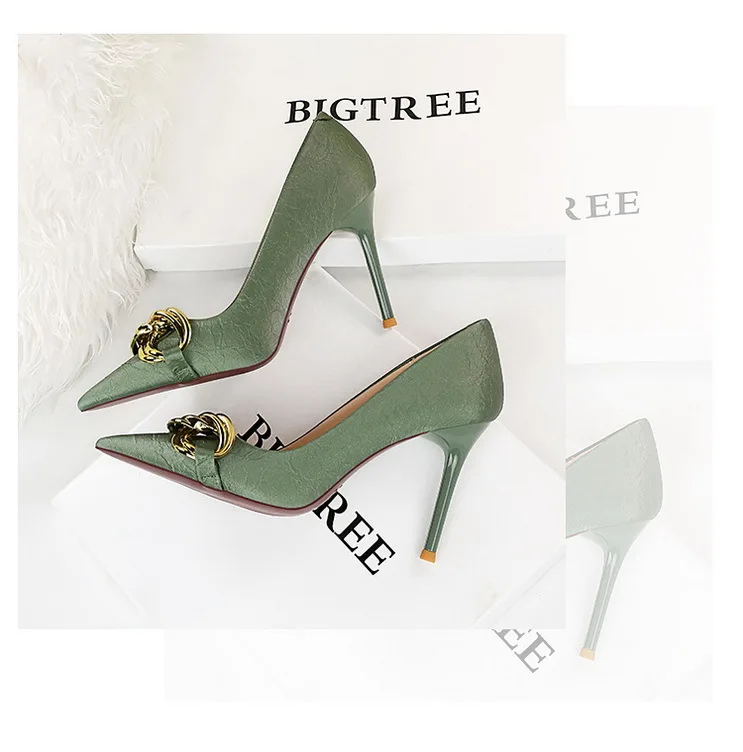 Women 7.5cm 9.5cm High Heels Escarpins Pumps Lady Metal Chain Low Heels Fetish Nightclub Slim Fit Party Green Office Prom Shoes