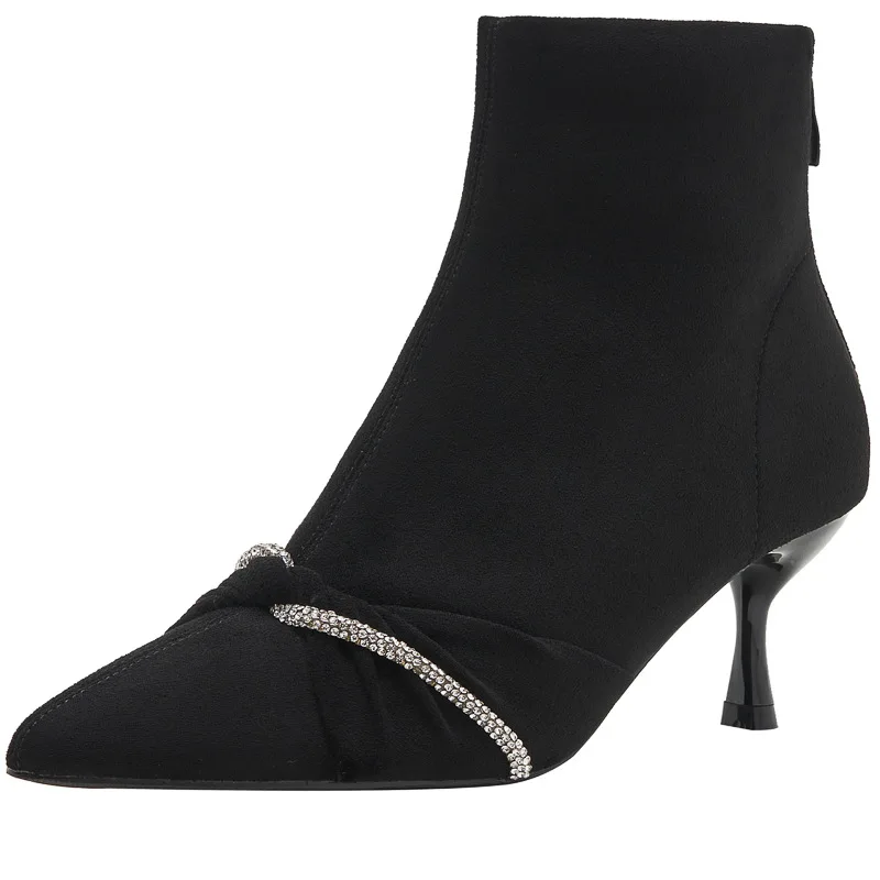 

Женские короткие ботинки с острым носком, Черные ботильоны на высоком тонком каблуке, небольшие размеры, зимняя обувь, 31-43