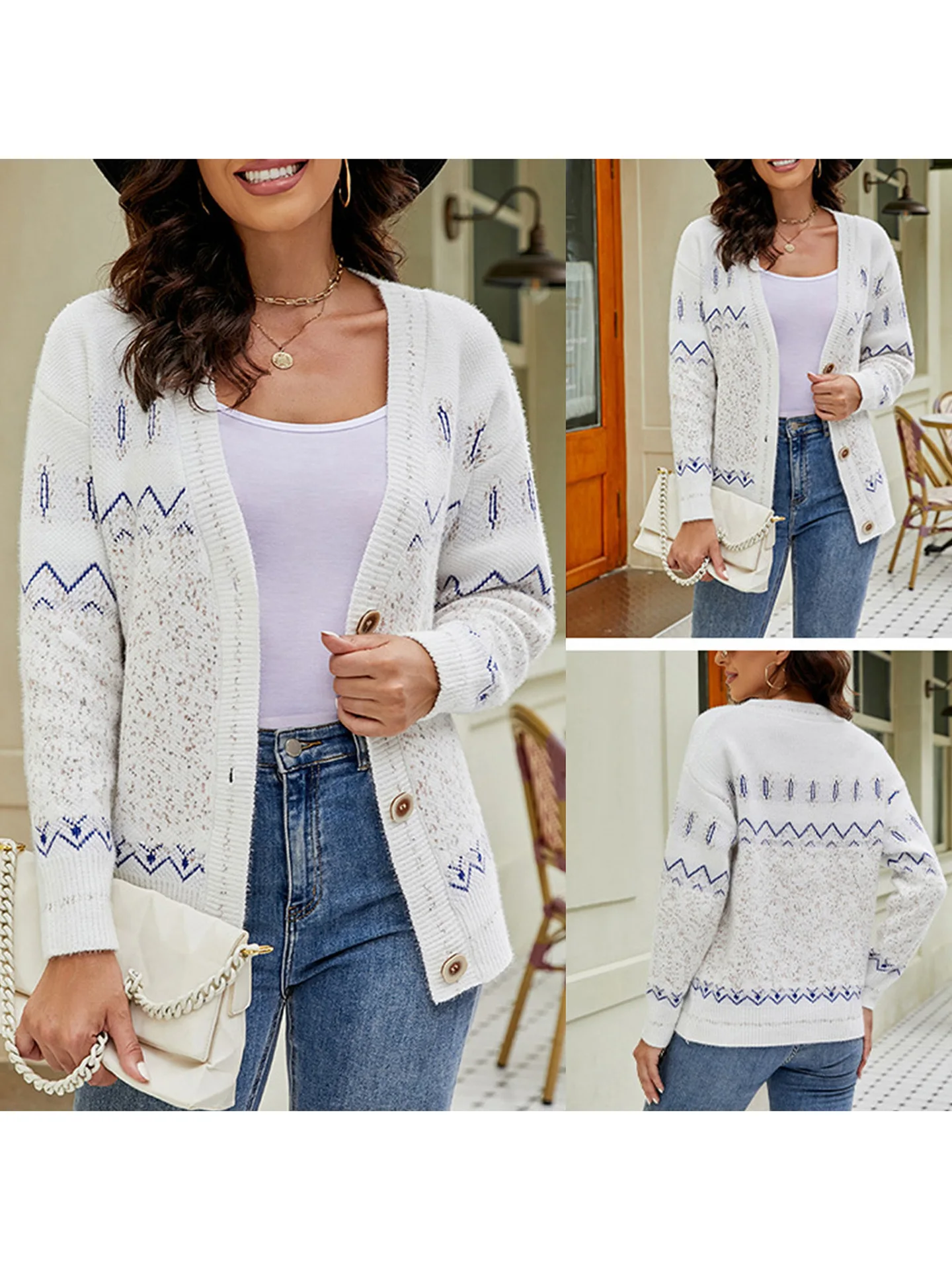 여성용 긴 소매 니트 가디건 버튼 클로저 대비 색상 디자인 초박형 프린세스 소매 폴로 넥 스타일 봄 패션