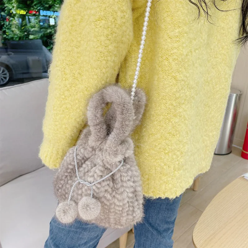 High Quality Natural Luxury Mink Women's Round Bucket Bag Large Capacity Crossbody Bag Stylish Women's Charm Leather Handbag