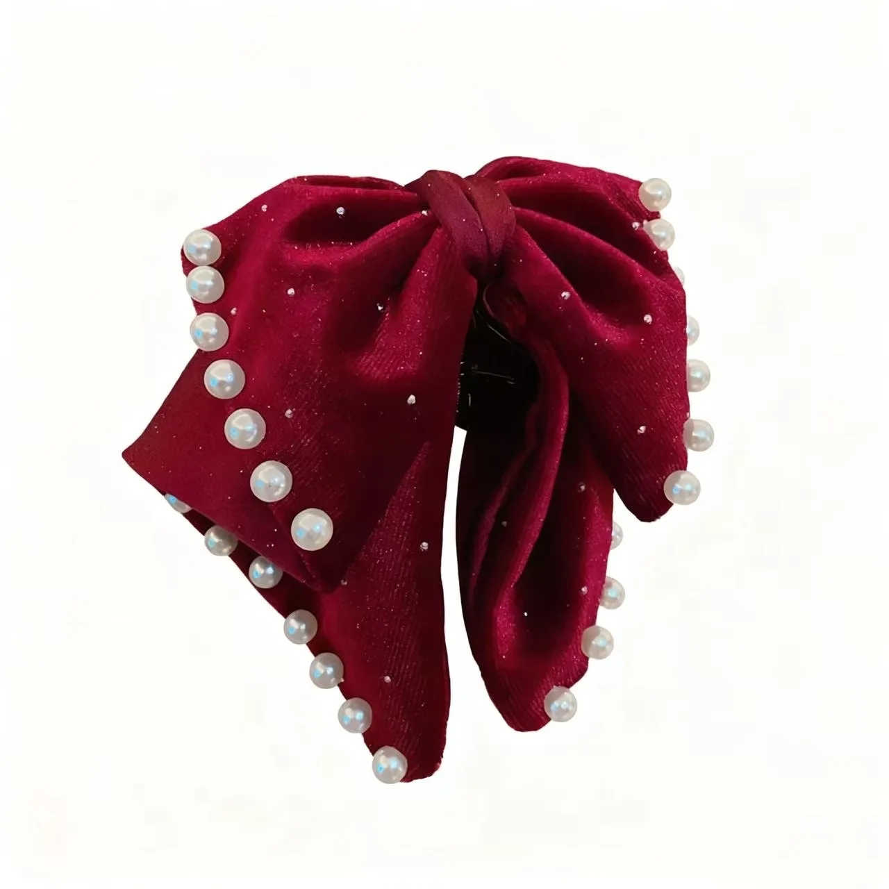 1PC Women's Sparkly Velvet Bow Hair Clips With Pearls Black & Burgundy Fashion Hair Accessories Elegant Party Hair Decoration