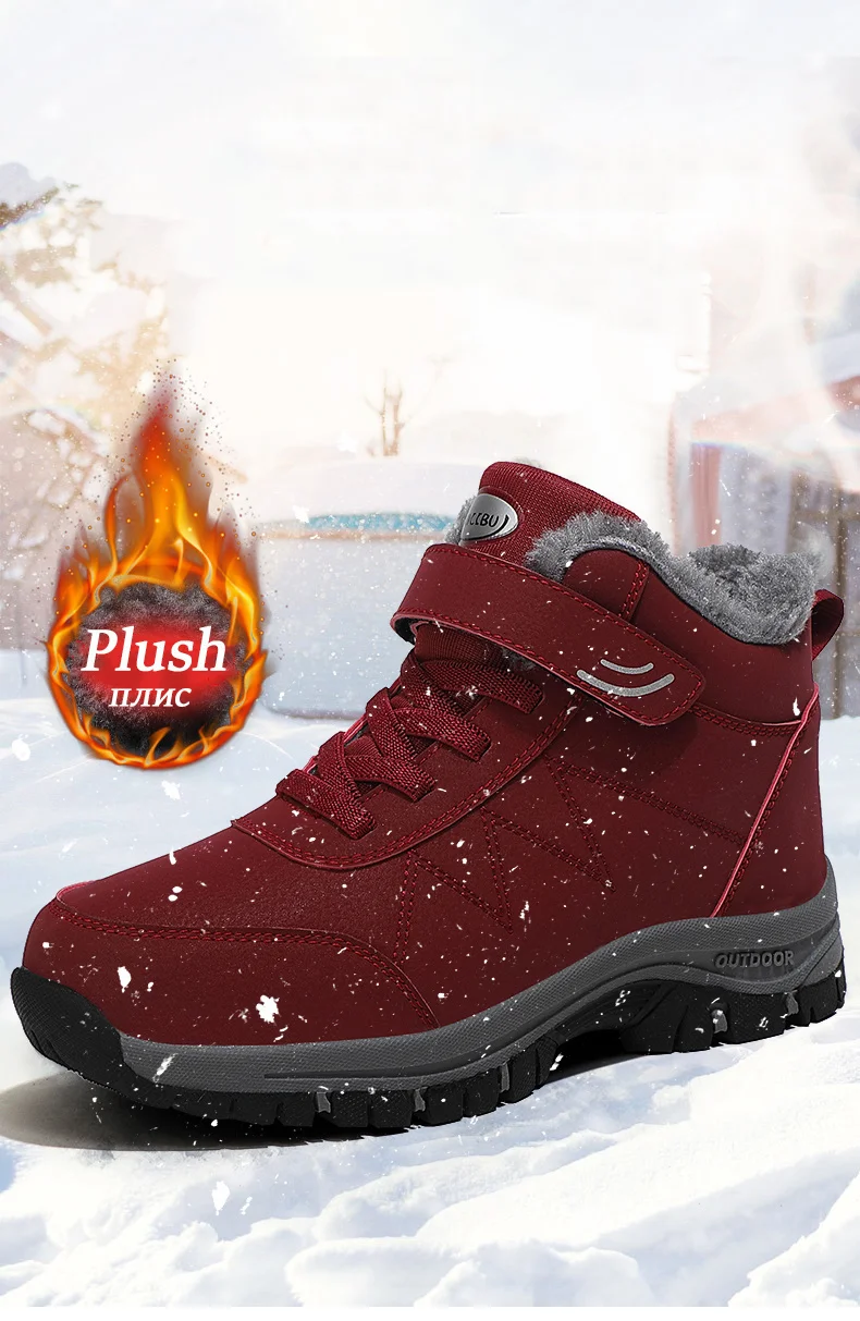 2023 Winter Women Men Boots Plush Leather Waterproof Sneakers Climbing Hunting Shoes Unisex Lace-up Outdoor Warm Hiking Boot Man