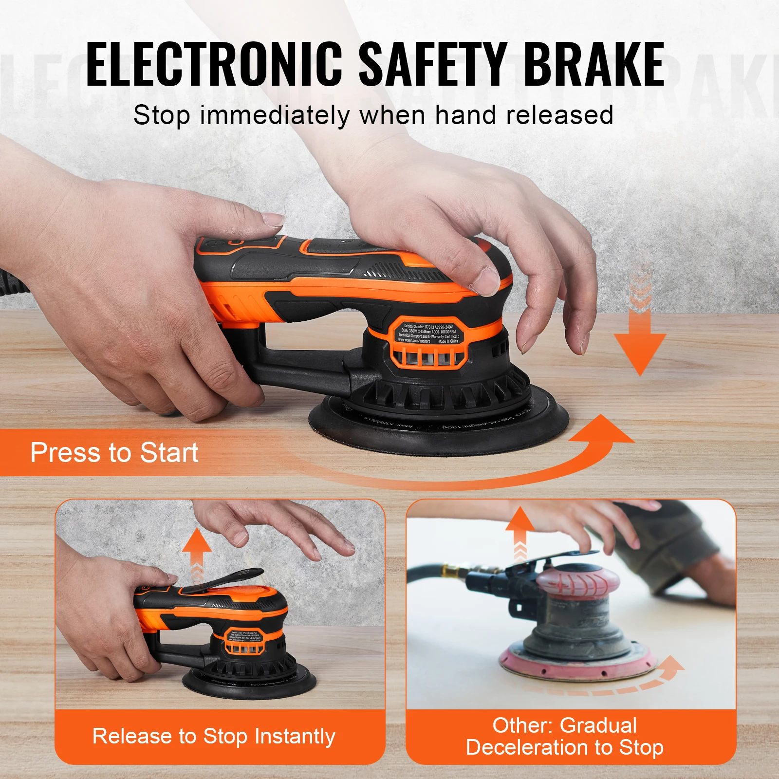 SucceBuy Random Orbital Sander 350W Brushless 10000 PRM 6 Variable Speed Electric Orbital Sander for Woodworking Detail Sanding