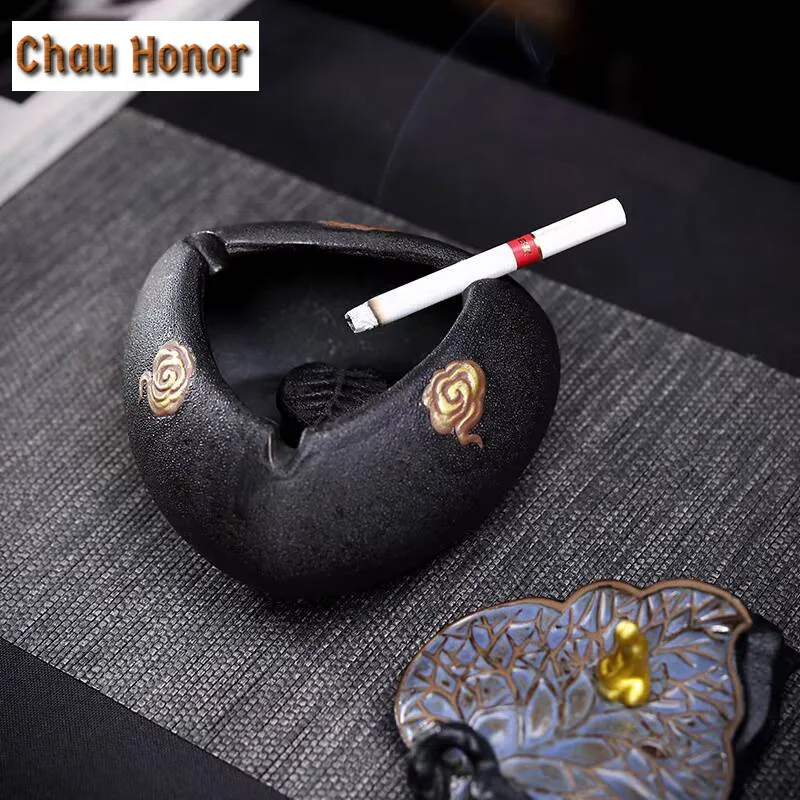 Creative Black Pottery Ashtray Home Decoration Accessories Ceramic Personality With Cover Anti Fly Ash Ashtray Customized Gift 5