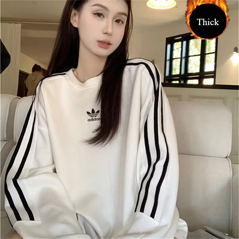 Adidas Men's and Women's Exercise Sweaters, Printing, Added Velvet and Thickening Round Neck Hoodies, Brown/White/Black