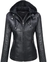 Hooded Leather Jacket Two-Piece Set Removable Large Size Leather Jacket for Women Spring & Fall Outwear for Women Pu Washed Leather