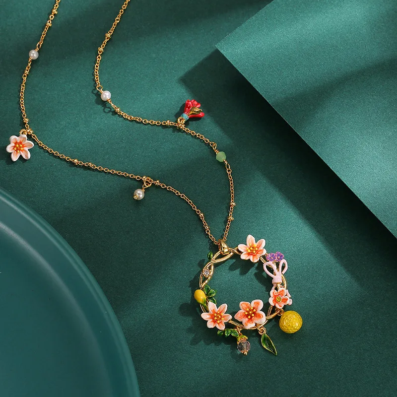 Fashionable Elegant Enamel Colored Glaze Orange Flowers Lemon Fruit Tassels Round Dangle Green Leafs Earrings Women's Jewelry