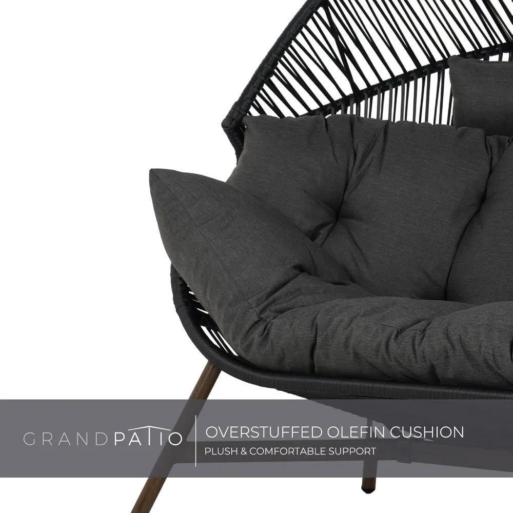 Outdoor Modern 2-Seat Wicker Egg Chair with Cushion, Stationary Patio Loveseat Accent Chair, Grey 4