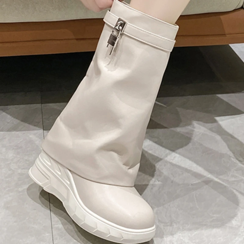 Shoes for Women 2023 Winter Pull on Mid Tube Women Boots Solid Color Round Toe Turned-over Edge Platform Water Proof Shoes Women