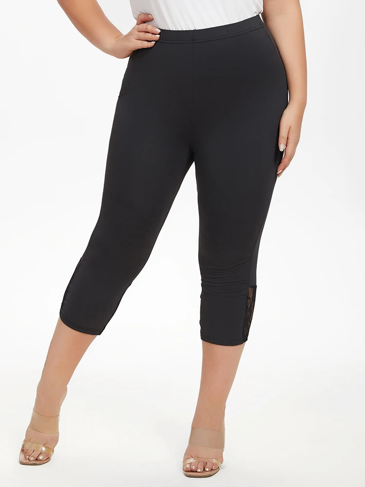 Plus Sized Clothing Pants Spring Contrast Lace  Elastic Waist Capri Skinny Leggings Casual Slim Stretch Plain Daily Streetwear