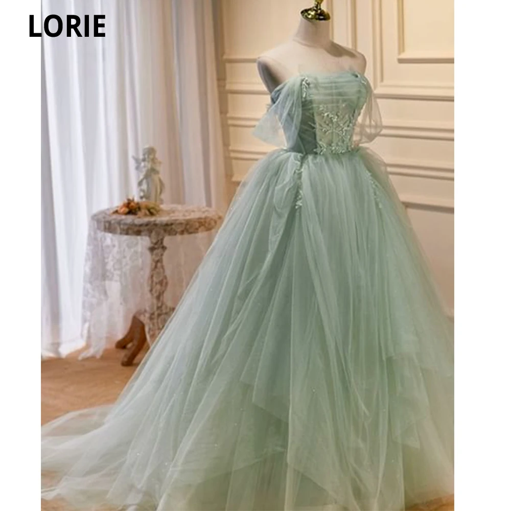 

LORIE Mint Green Off The Shoulder Tulle Prom Dress 2023 Fashion Lace Pearls Long Evening Gowns Plus Size Vestidos De Noche