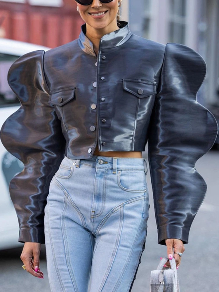 

BEVENCCEL2023, новинка, Осенний женский черный топ с рукавами-фонариками и круглым вырезом, пикантная рубашка, короткий топ на пуговицах, модное пальто