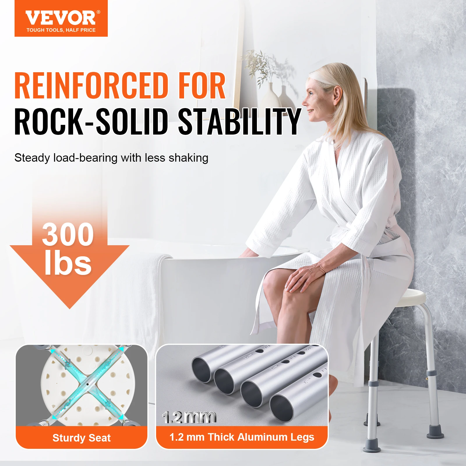 VEVOR Shower Chair for Inside Shower Adjustable Height Shower Stool Non-Slip Bench Bathtub Seat  for Elderly Disabled Adults  2