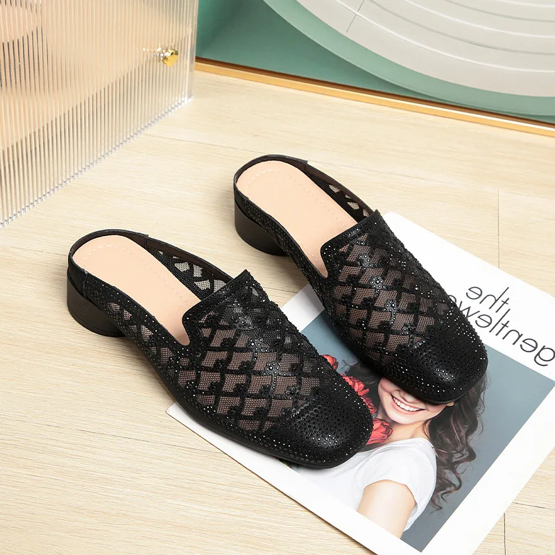 شبشب مقطوع الرأس من حجر الراين للنساء ، بغال يسمح...