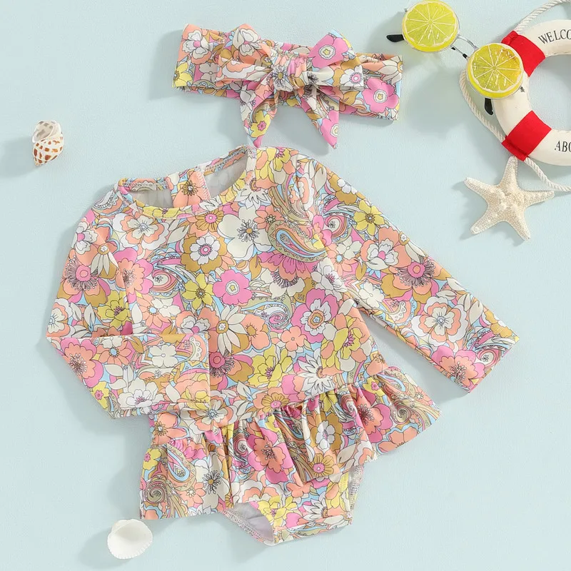 Toddler Baby Girls Summer Beach Swimwear Long Sleeve Crew Neck Floral Print Bathing Suit with Headband