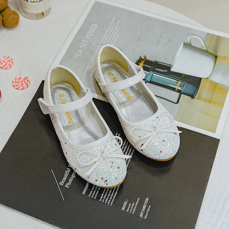 Girls Leather Shoes Kid's Bowknot Flats Princess Sequins Kid's Flats Children's Dance Shoes Size 24-37