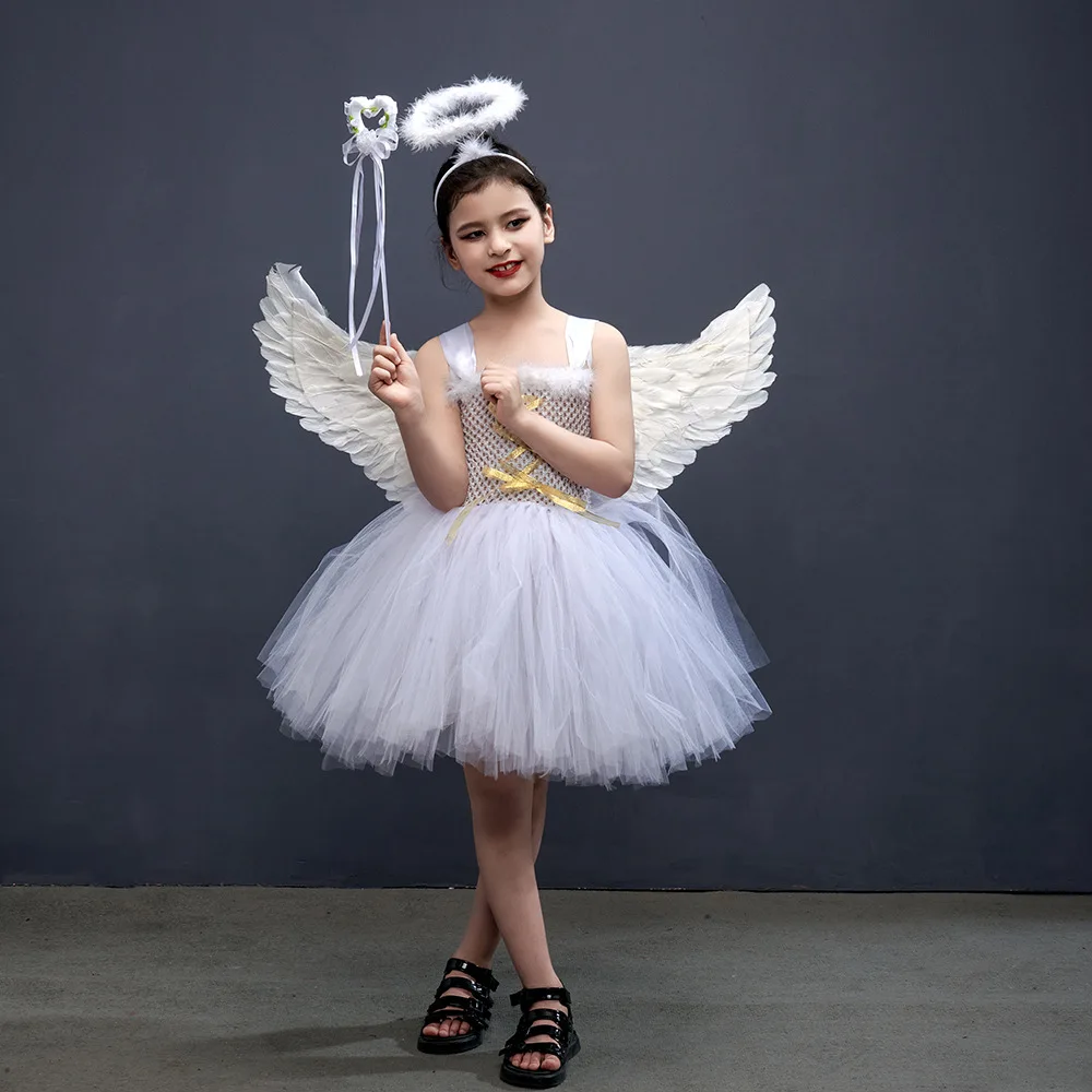 Disfraz De Ángel Para Niña - Juego 3 Piezas (Alas, Diadema Halo, Varita) - Blanco - Para Navidad, Halloween O Fiestas