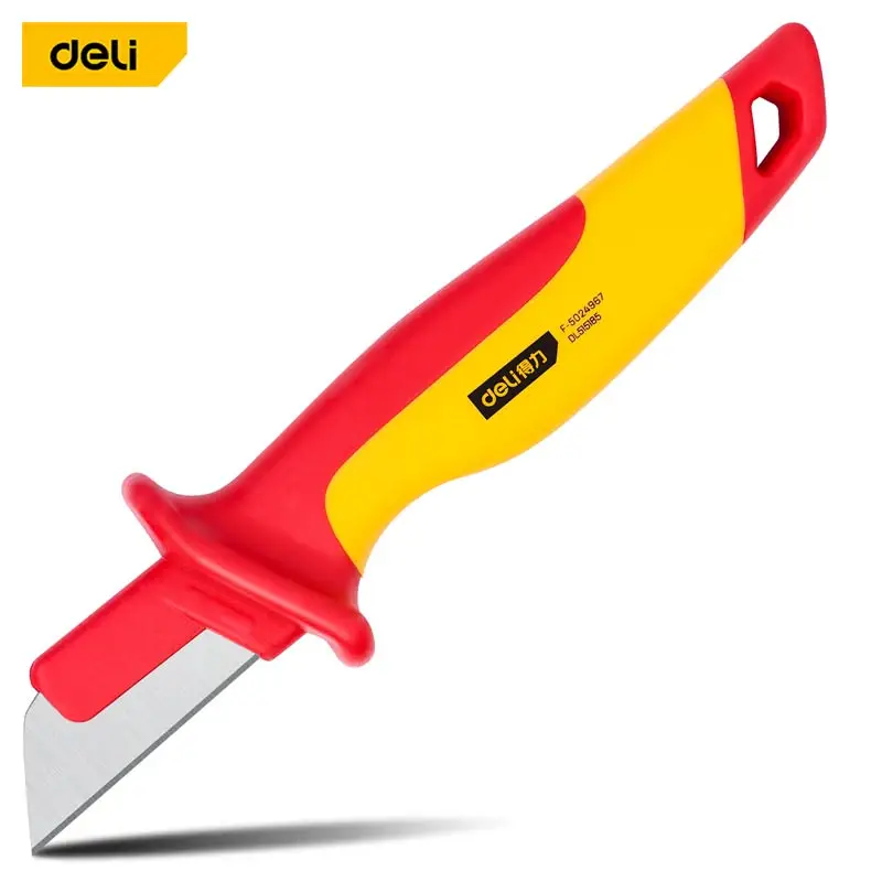 Deli Tools 1000V Insulated Electrician Knife Cable Stripping Knife Curved Mouth Hook Fixed Blade Wire Stripper Tools Accessories