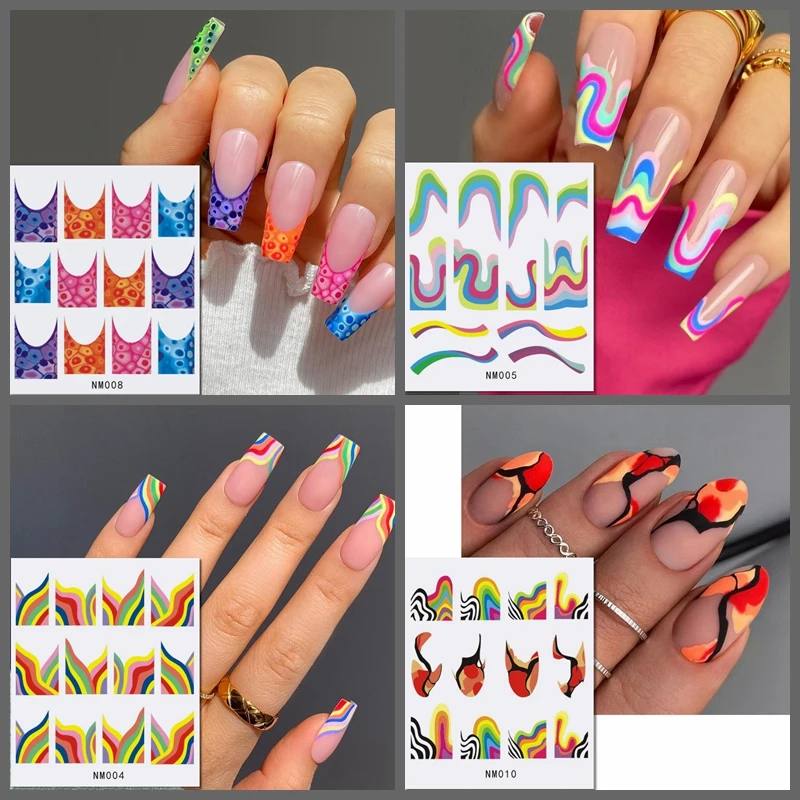 12 modelli French Tips Nail Sticker Rainbow Wave Lines adesivi per decalcomanie ad acqua cursore a nastro colorato per la decorazione delle unghie