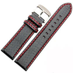 Black Red Orange Stitched Carbon Fiber Leather Sports Watch Band with Steel Clasp - 24mm (Black red line)