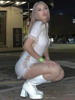 Sexy Mini Dress White Bandaged Stylish Irregular O Neck Bodycon Mesh Sheer Short Sleeves Babydoll Dress Cutout Mini Dresses 2