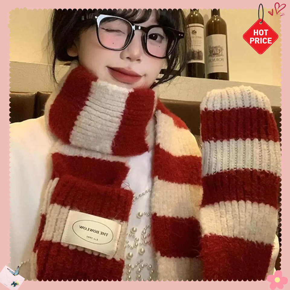 Striped Soft Wool Knitted Scarf - Women's Winter Korean-Style Versatile Simple Thick Warm Scarf, Cold-Resistant Scarf