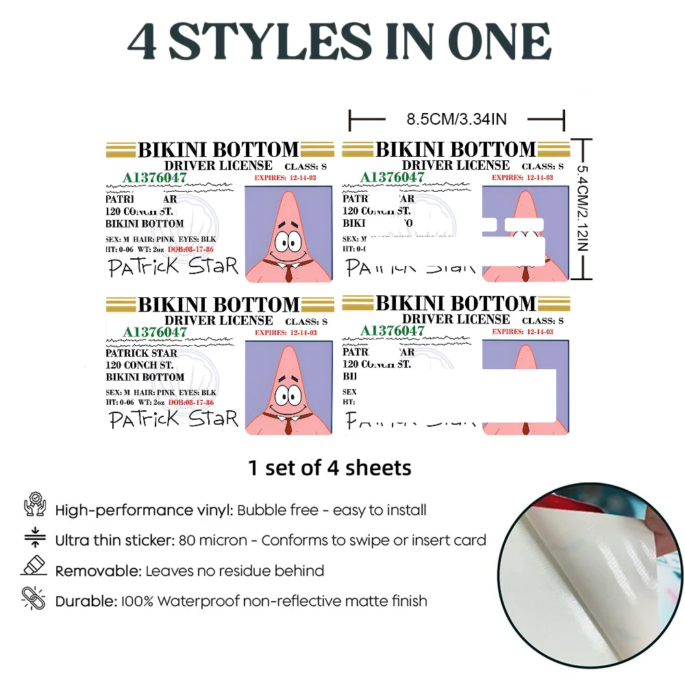 Patrick License Stickers 4pcs PVC Card Skin Stickers for Bank Card Bus Metro Case Decorate Gift