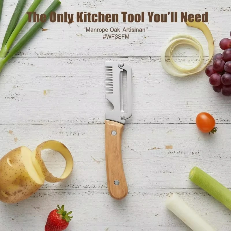 Descascador multifuncional de aço inoxidável com cabo de madeira maciça, utensílio de cozinha para descascar frutas e legumes._voghion.com
