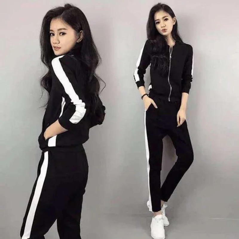 

Women Tracksuits Two Piece Sets 2023 Spring Female Casual Hooded Zipper Jacket Sweatshirts+Side Stripe Sports Pant Trouser Suit