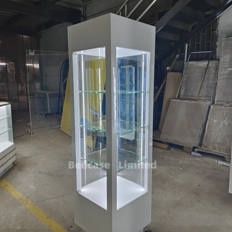 

custom，High End Corner Glass Display Cabinet Retail Shop Sunglasses Display Showcase Jewelry Tower Display Showcase