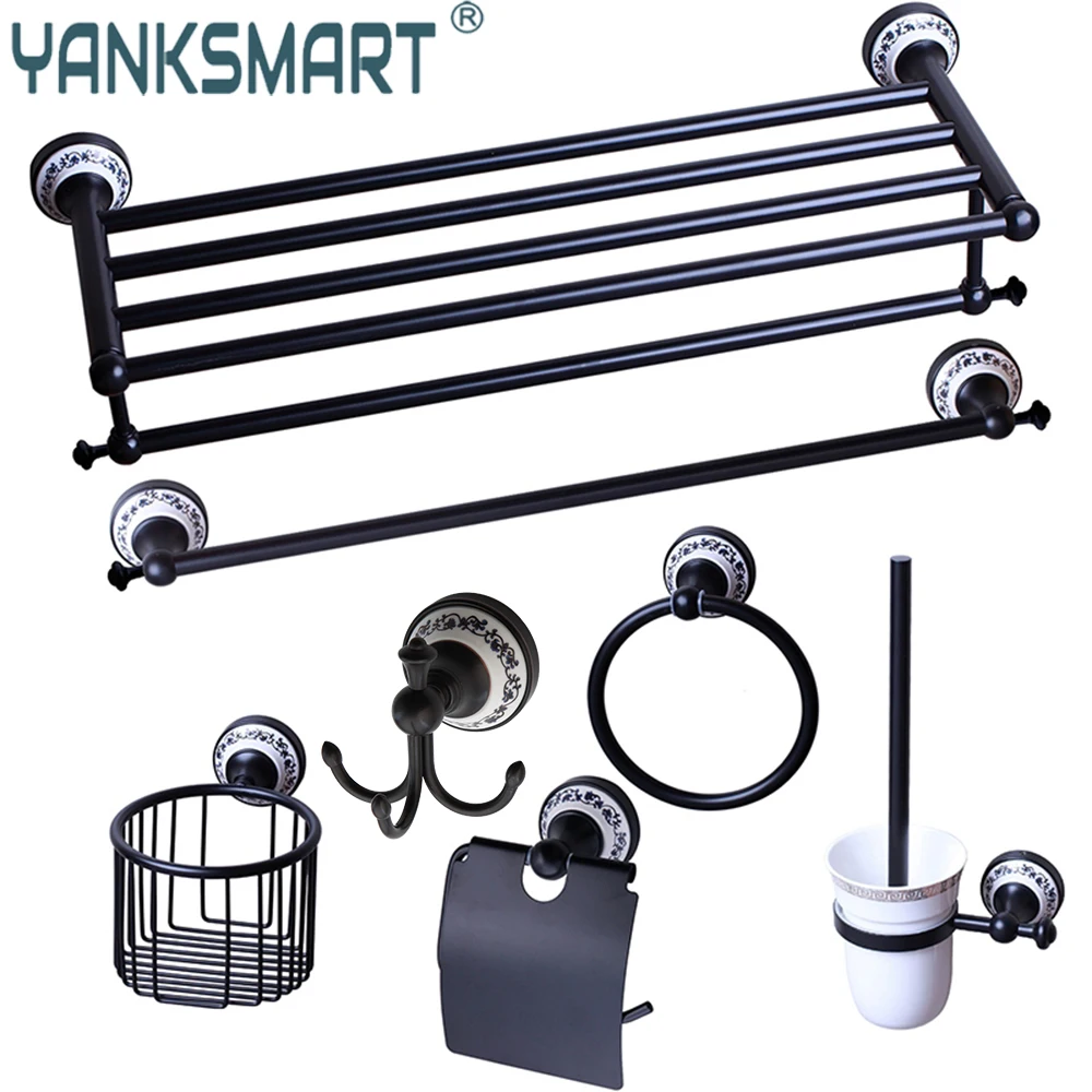 YANKSMART Wall Mounted Black Washroom Bathroom Accessories Towel Ring Rack Paper Holder Toilet Brush Holder Frosted Glass Cup