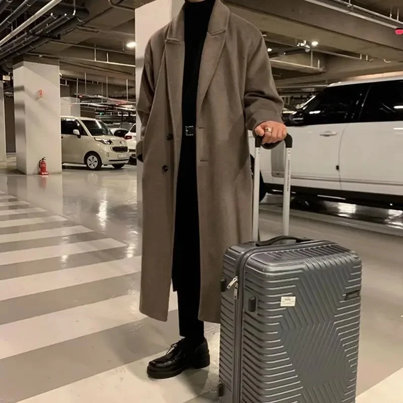 طبقة مزدوجة معطف الصوف الرجالي الخريف الشتاء طويل فوق الركبة الكورية نمط معطف من قماش الكشمير عادية فضفاضة تناسب الإنتاج الصيني