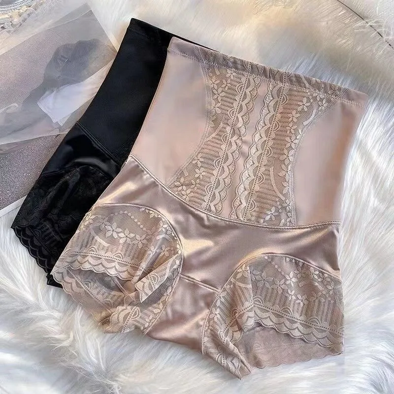 

Summer Lace Satin Sexy Lace Tight Ice Silk Breathable High Waist Traceless Postpartum Hip Lifting Underwear for Women Spandex