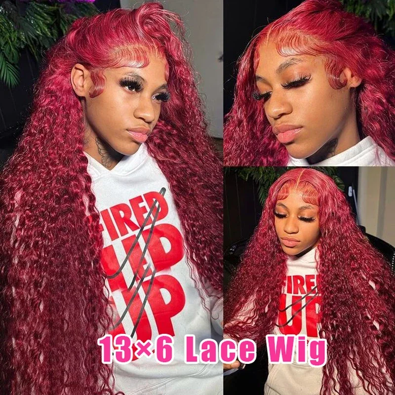 13x4 99J Burgundy Deep Water Wave Lace Front Wig 200 Density Curly 28 Inch 13x6 Lace Frontal Human Hair Wig Red Wine For Women