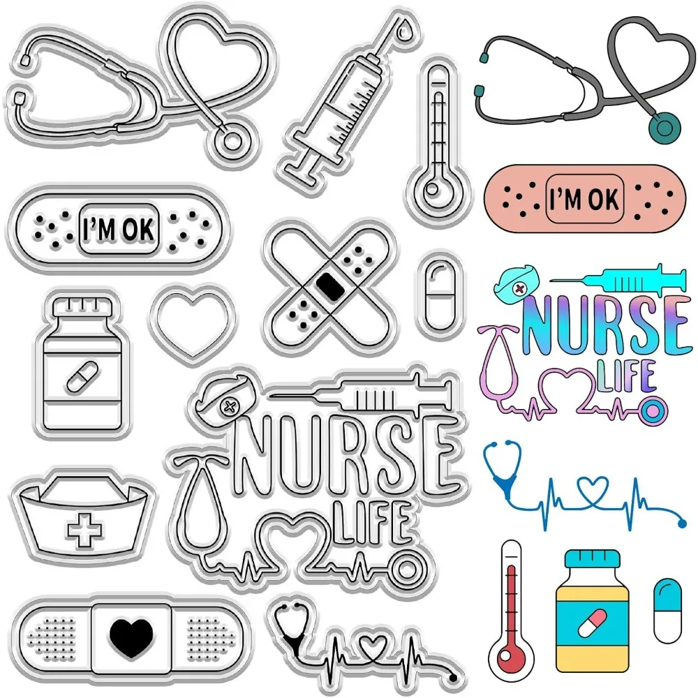 Clear stamps clear rubber stamps Nurses' Day Clear Stamps Band Aid Pill Bottle Thermometer Stethoscope Heart Reusable Postmark Transparent Silicone